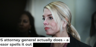 U.S. Attorney General Pam Bondi answers questions from the media at the U.S. Capitol on March 18, 2026. Matt McClain/Getty Images